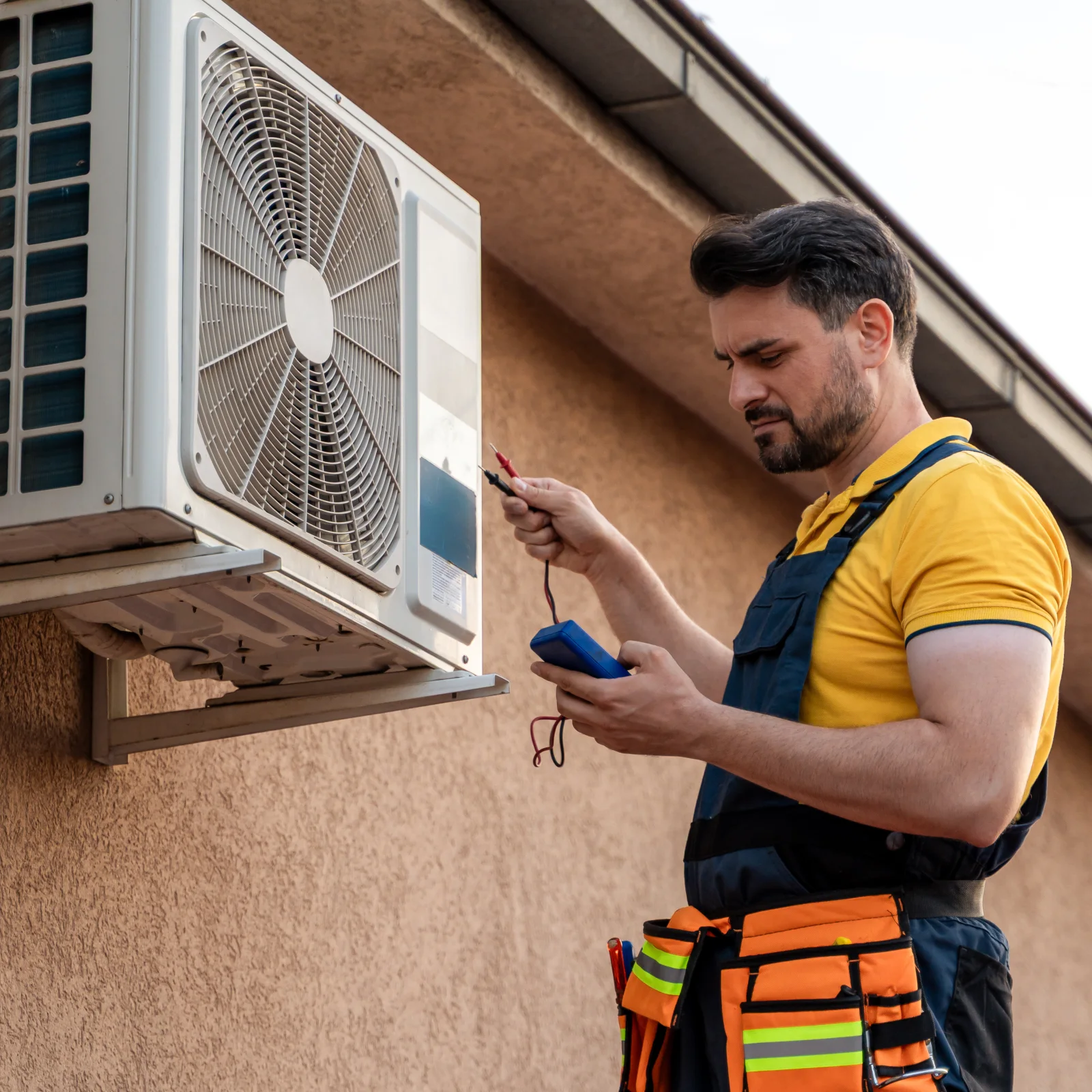 ac-repair-cost-phoenix-technician-diagnosis AC repair cost in Phoenix, Arizona — a uniformed HVAC technician diagnosing a central air conditioning condenser outside a Phoenix home.
