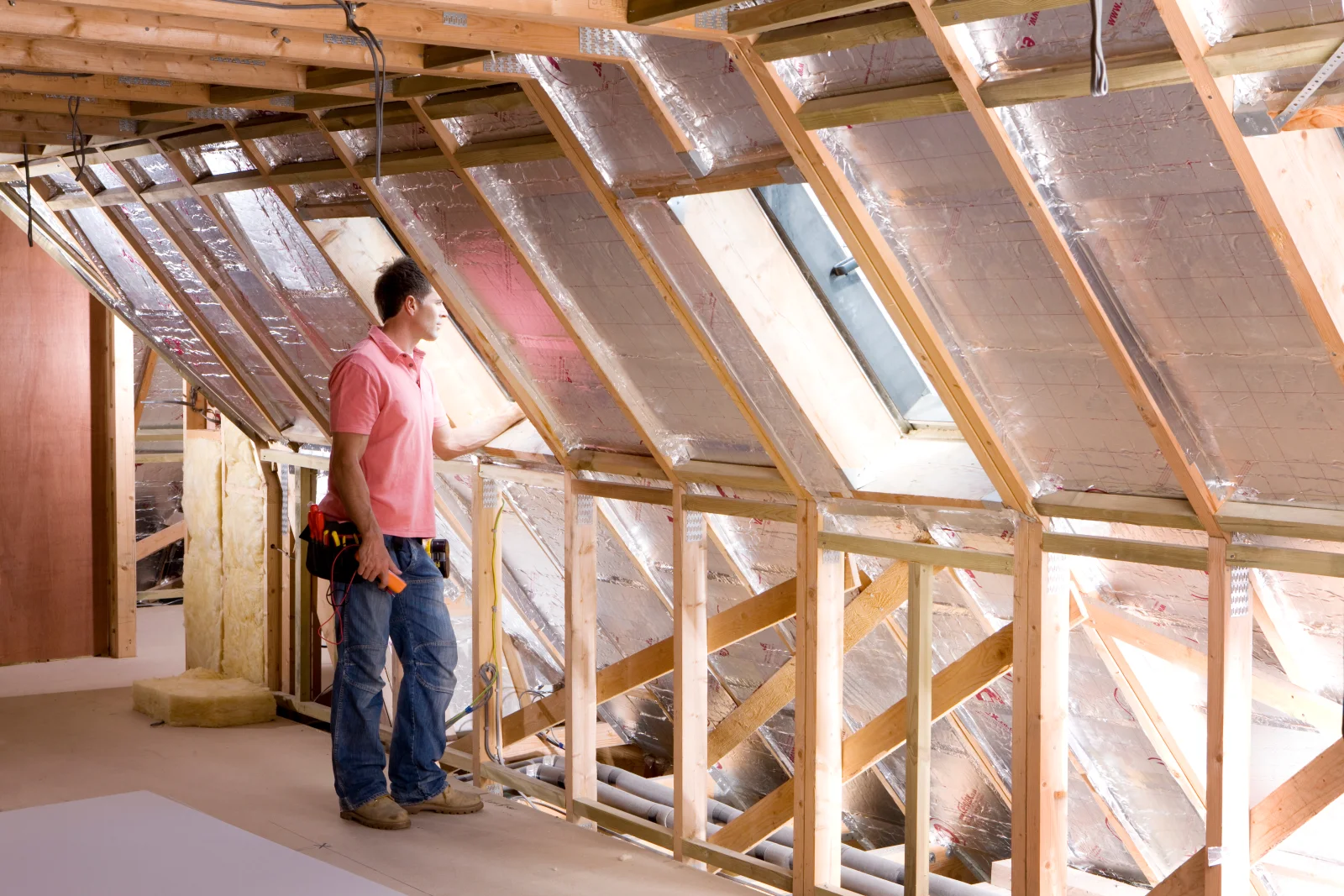Attic fan installation in Phoenix, Arizona — a technician inspecting attic insulation and air sealing before installing an attic fan.