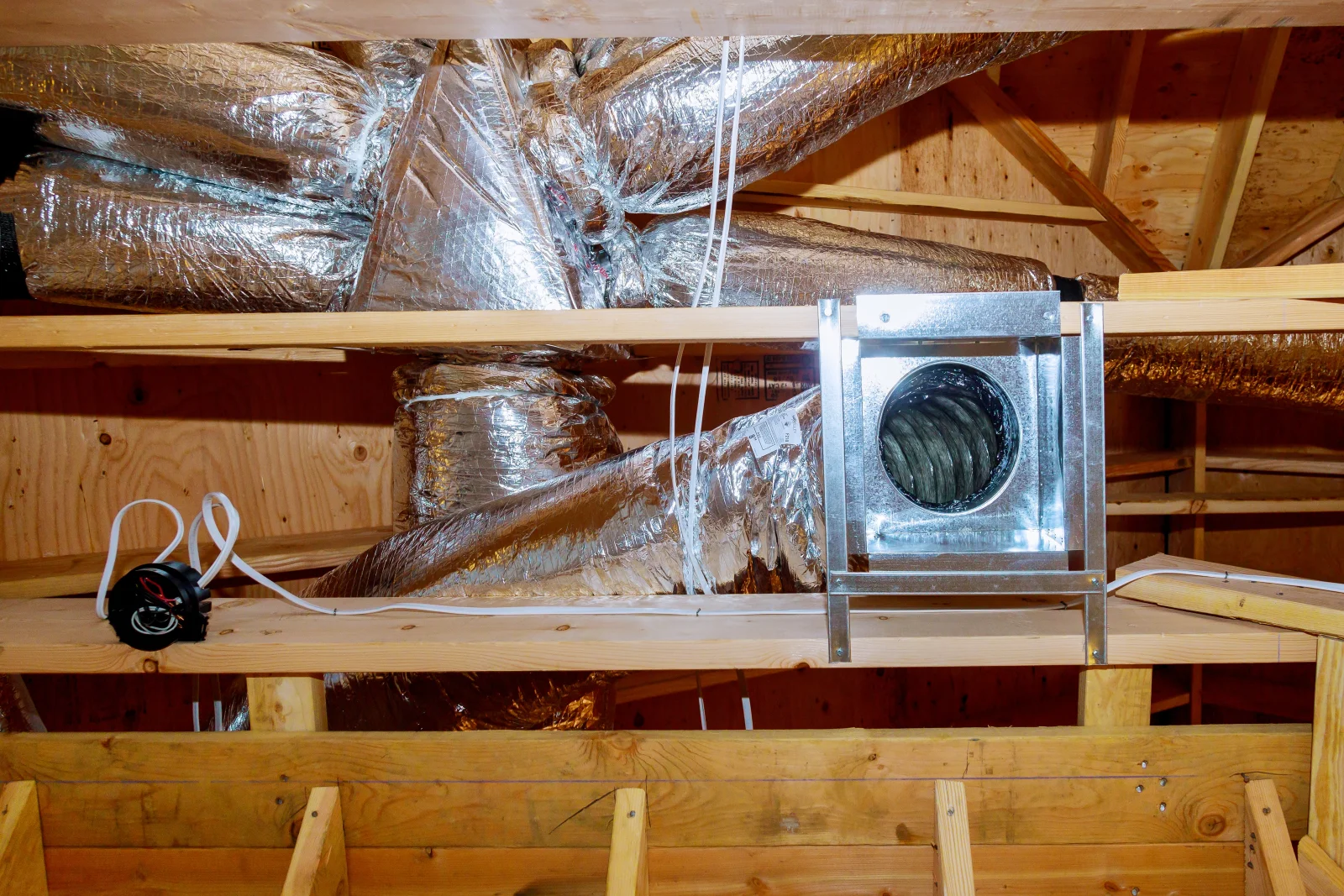 An attic space in a Phoenix home showing insulated ductwork and a vent boot ready for ventilation work.