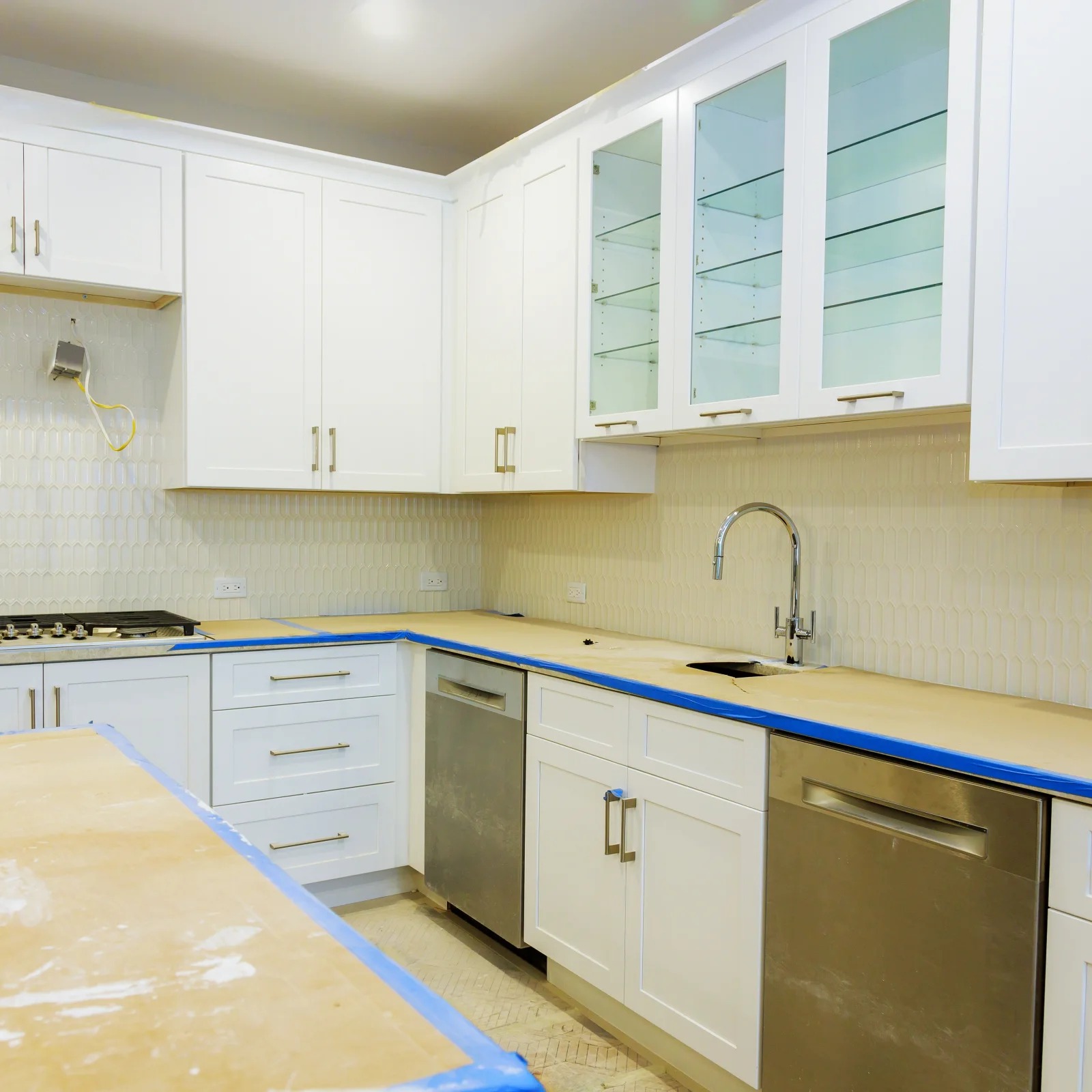 cabinet-painting-phoenix-in-progress-kitchen Cabinet painting in Phoenix, Arizona — freshly painted white kitchen cabinets with countertops masked in blue painter's tape during a professional refinish.