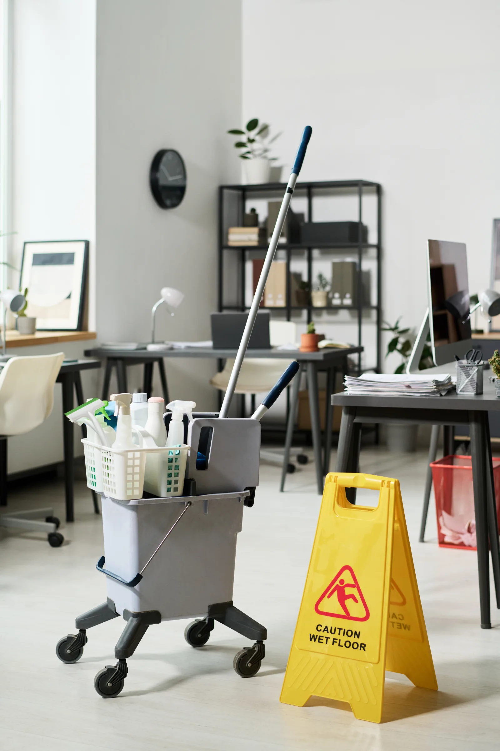 church-cleaning-phoenix-cleaning-cart-supplies Church cleaning in Phoenix, Arizona — a stocked janitorial cart with disinfecting supplies and a wet-floor sign staged in an office area.