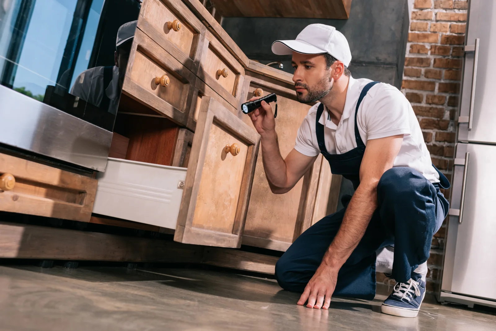 A pest control pro inspecting behind a kitchen appliance for cockroach activity in a Phoenix home.
