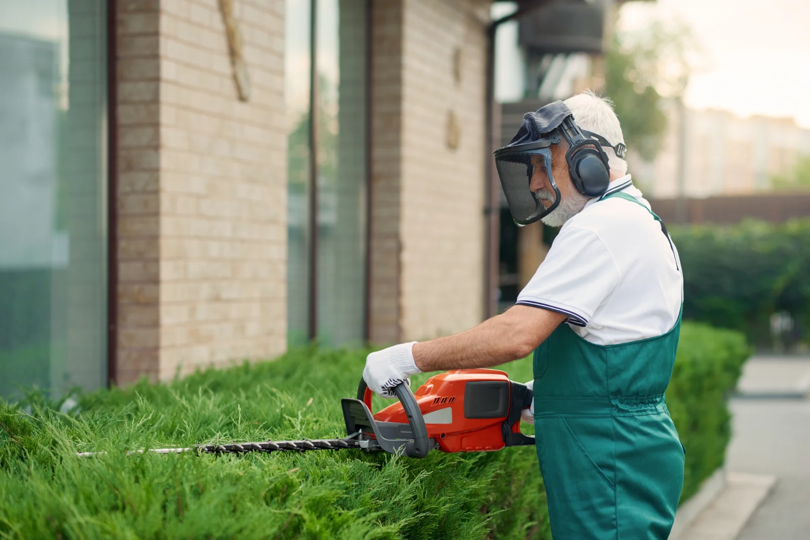 A landscape maintenance technician in full safety gear trimming hedges outside a Phoenix, Arizona commercial building.