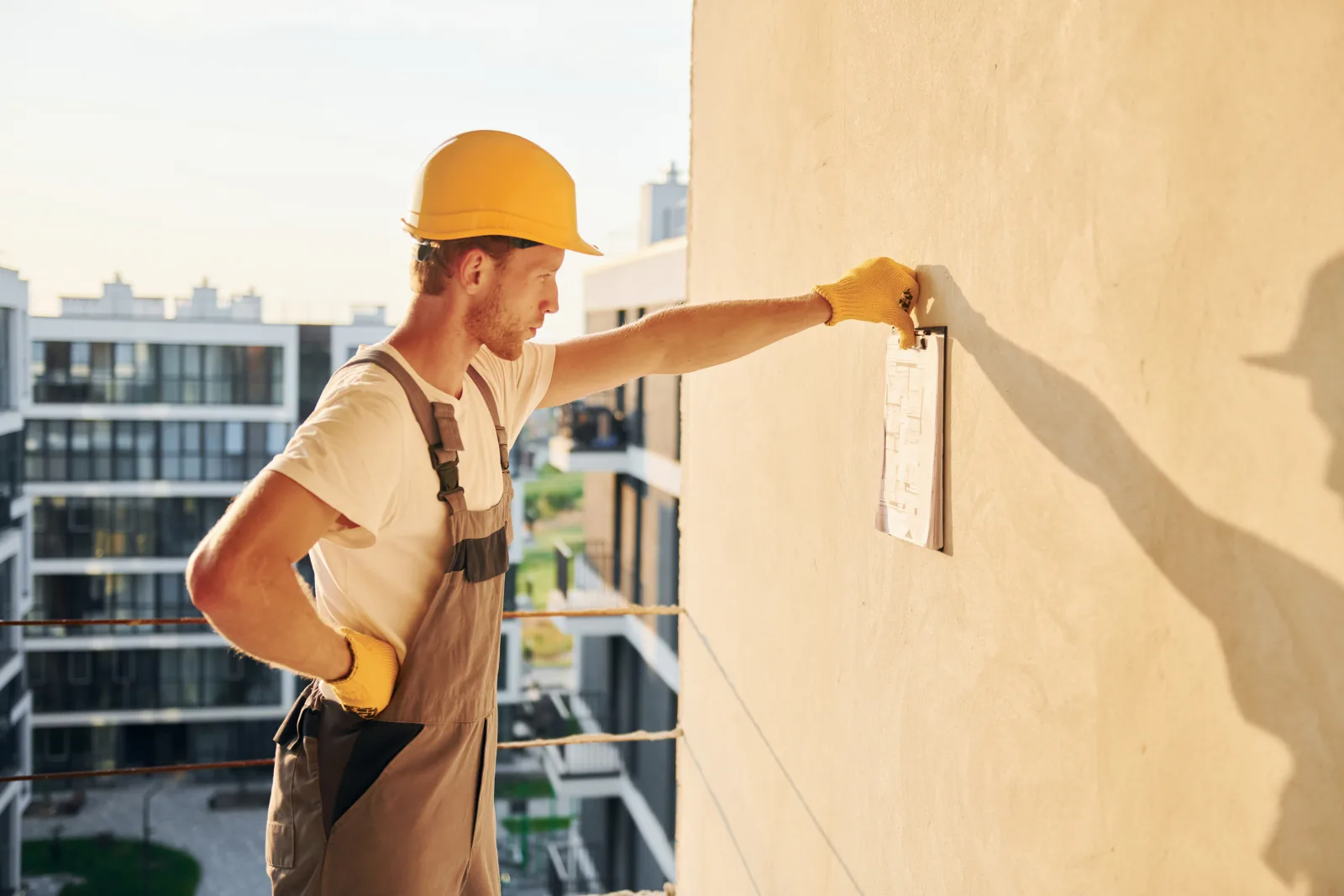 A commercial painter in a hard hat and safety gloves applying exterior coating to a Phoenix building facade in the morning sun.