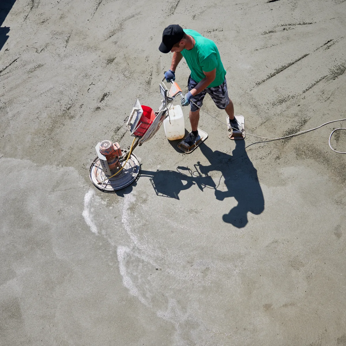 cool-deck-repair-phoenix-crack-patch-recoat Cool deck repair in Phoenix, Arizona — a pro power-troweling a fresh light-colored acrylic coating onto a backyard deck under the bright desert sun.