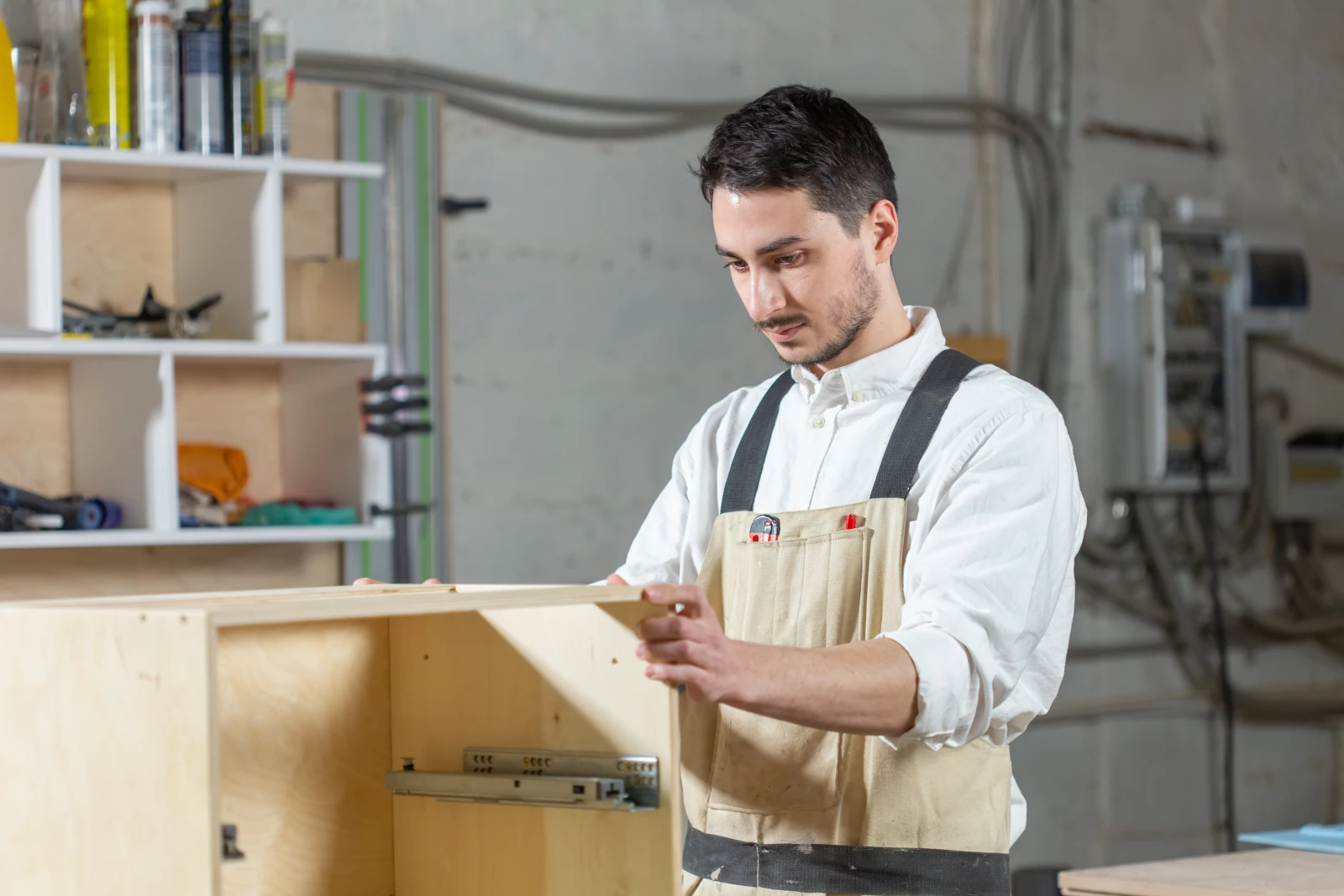 custom-cabinets-phoenix-workshop-joinery A cabinet maker in a Phoenix, Arizona workshop assembling frame-and-panel cabinet doors built to withstand the region's dry desert climate.