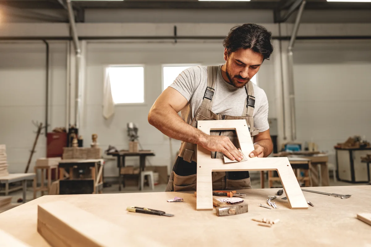 custom-furniture-phoenix-carpenter-building Custom furniture in Phoenix, Arizona — a carpenter in work attire hand-sanding a custom wood furniture piece in a bright workshop.