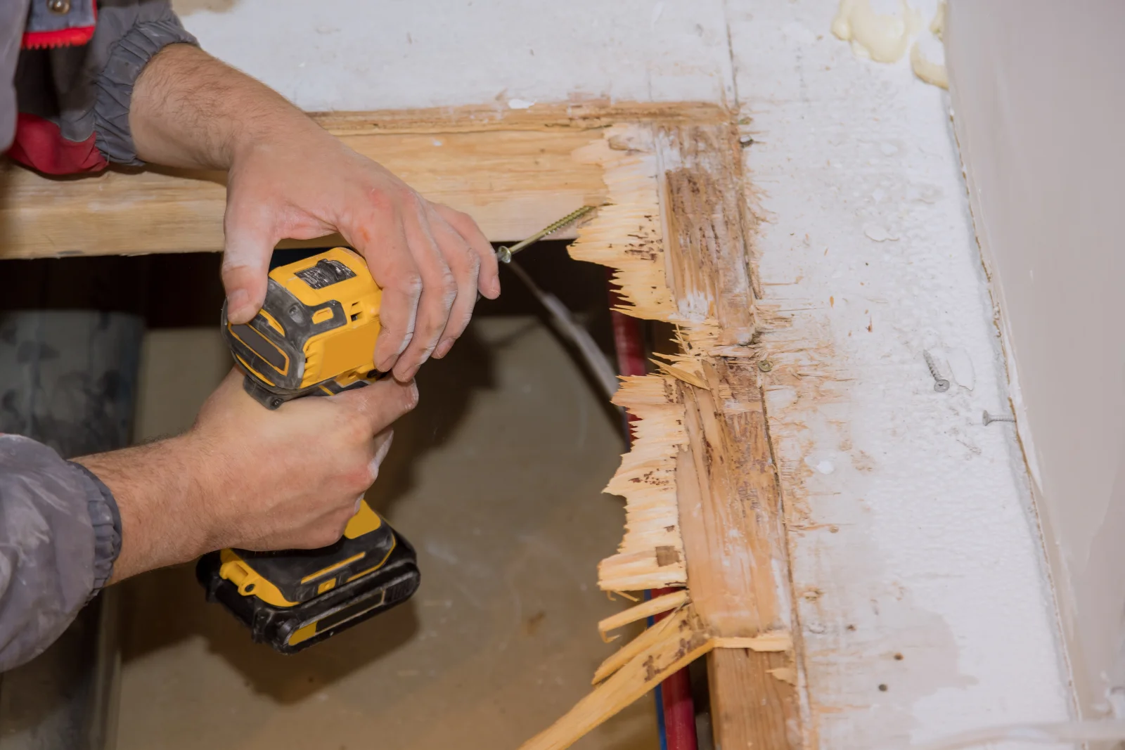 A technician cutting out water-damaged, rotted wood framing near a pipe during a Phoenix dry rot repair.