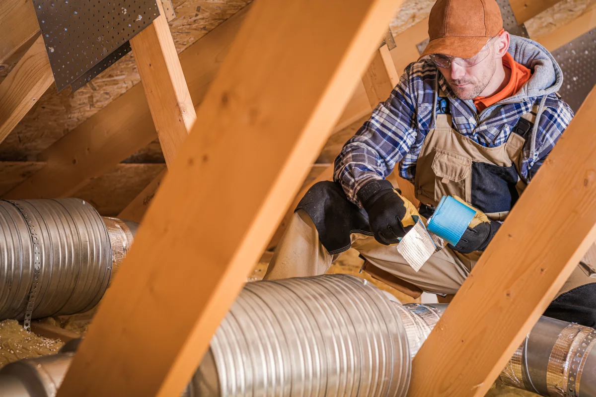 duct-sealing-phoenix-mastic-application Duct sealing in Phoenix, Arizona — a uniformed HVAC technician applying mastic sealant to a leaky attic duct joint.