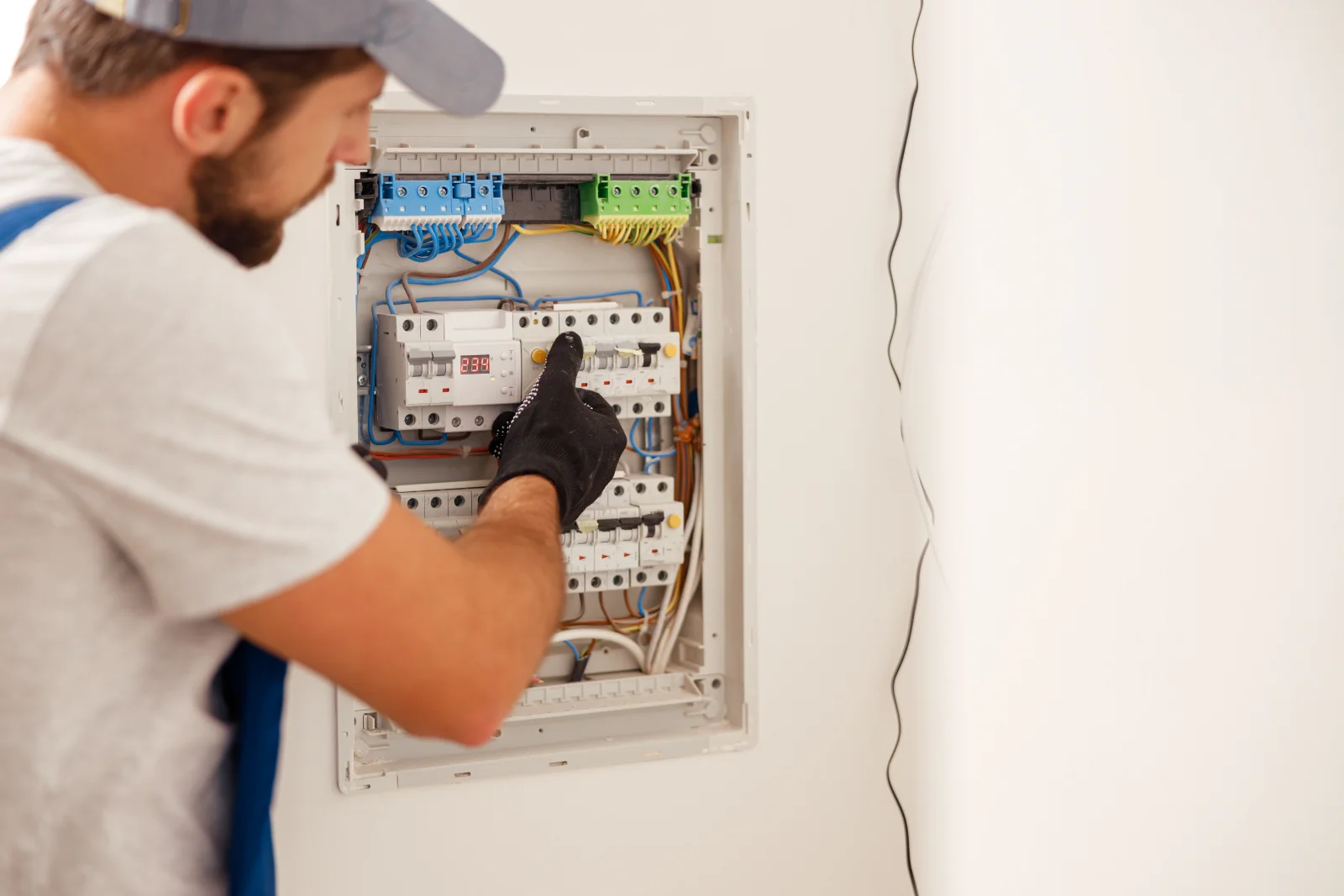 electrical-panel-replacement-phoenix-installation An electrician wiring a new breaker panel during an electrical panel replacement at a Phoenix home.