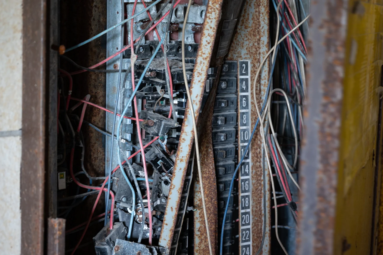 electrical-panel-replacement-phoenix-old-panel-hazard A corroded, outdated electrical panel on a Phoenix home showing the heat and rust damage that makes replacement necessary.