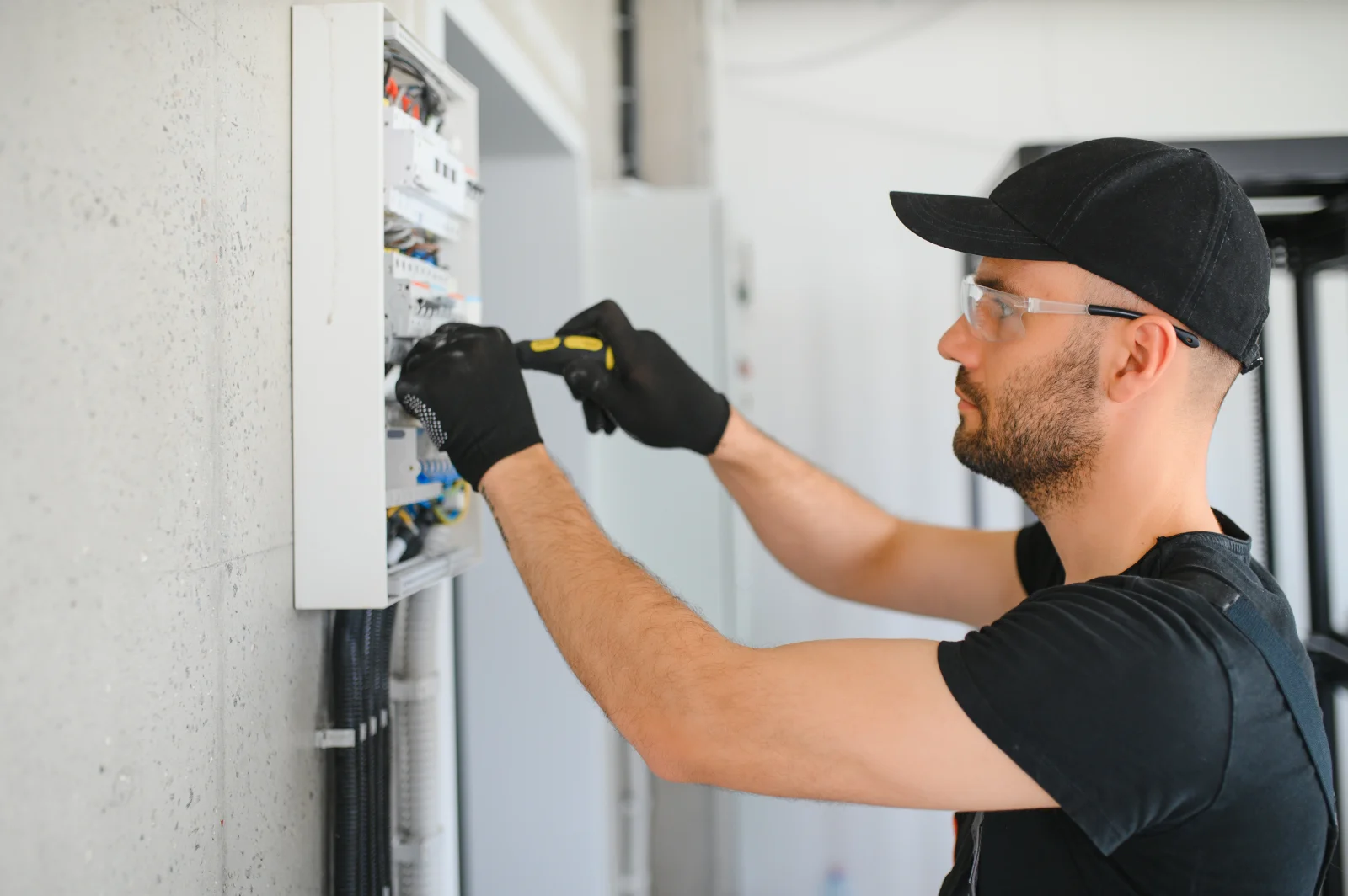 Electrical repair in Phoenix, Arizona — an electrician wearing safety glasses and gloves repairing a breaker panel with a screwdriver.