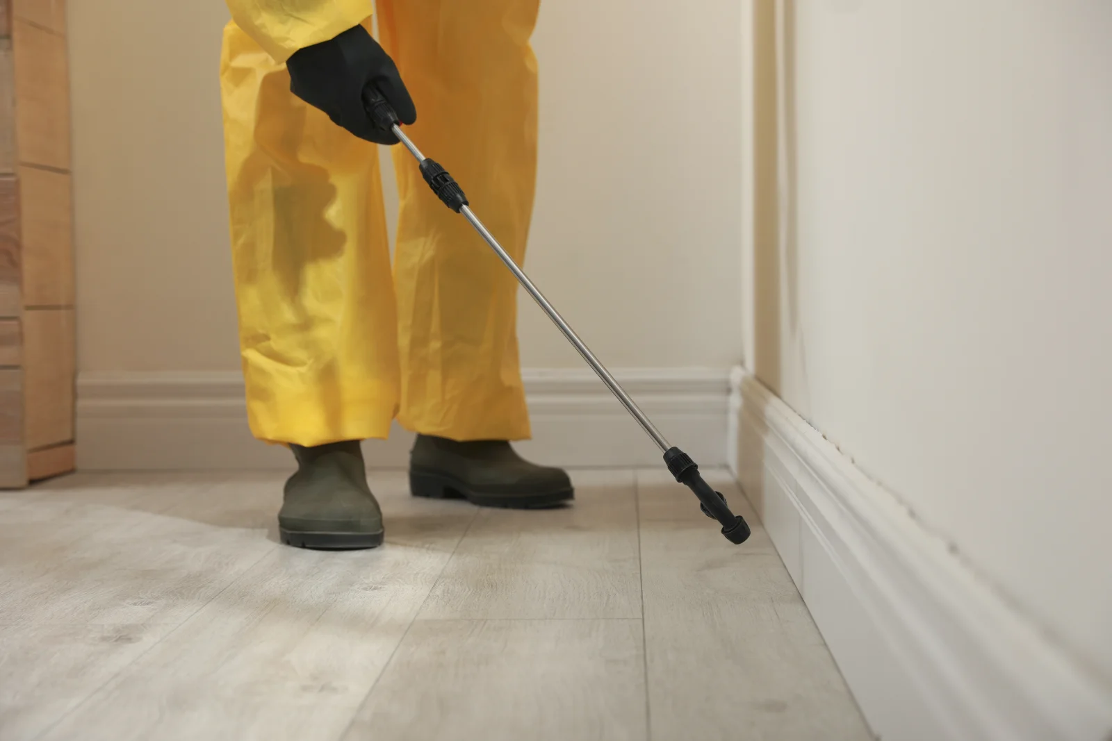 emergency-pest-control-phoenix-technician-indoor-treatment Emergency pest control in Phoenix — a technician in protective coveralls treating a baseboard inside a home.