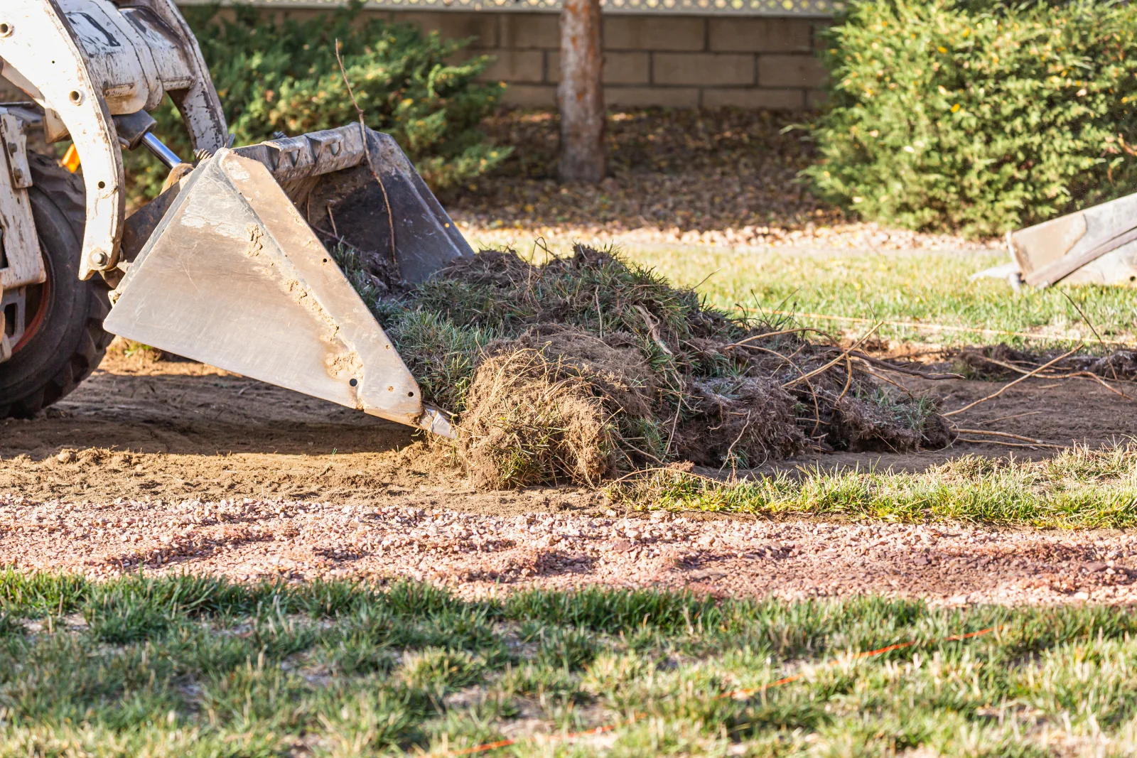 emergency-tree-removal-phoenix-debris-cleanup Heavy equipment clearing tree roots and storm debris from a Phoenix yard after an emergency tree removal, the cleanup step that follows once the hazard is safely down.
