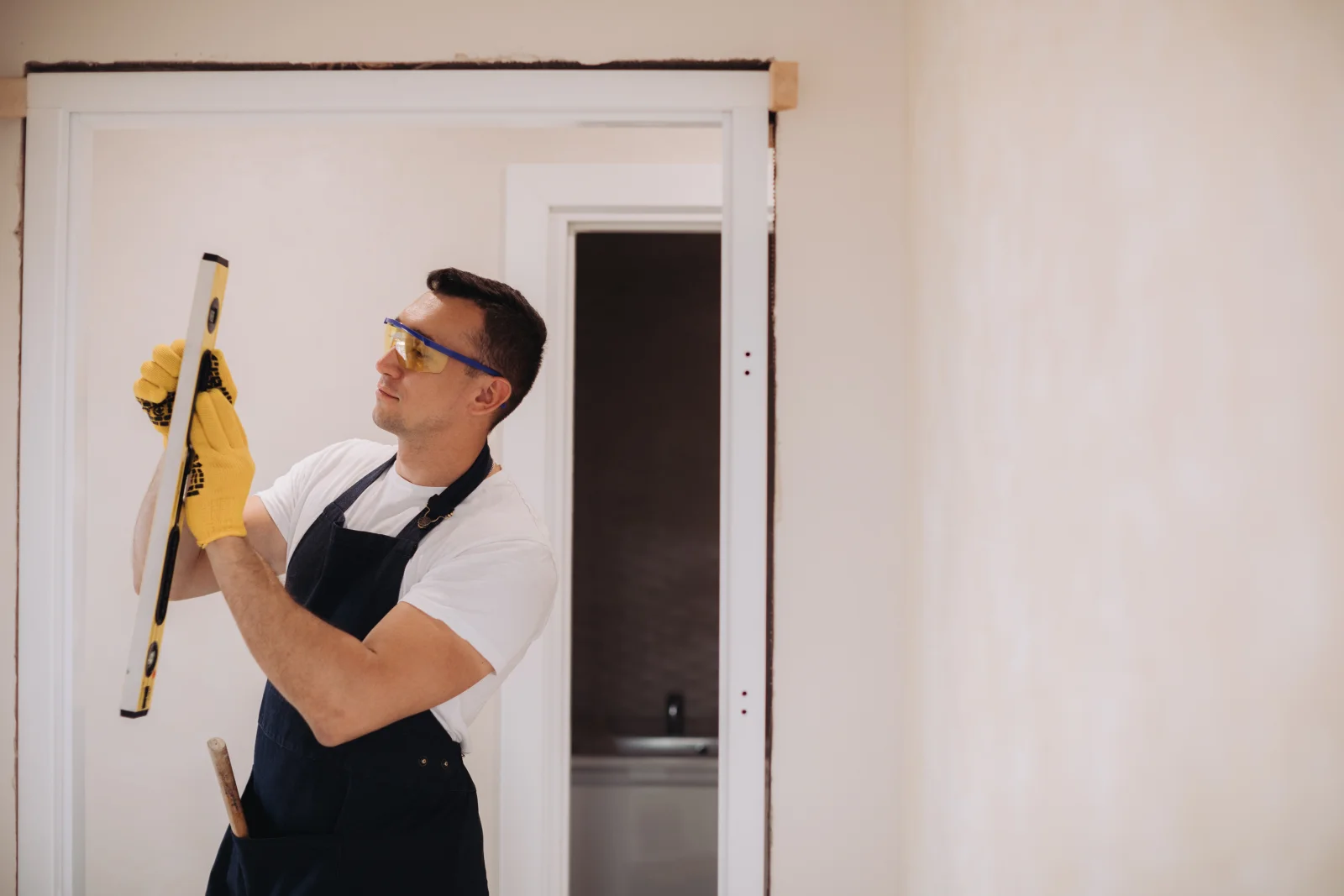 finish-carpentry-phoenix-door-casing A finish carpenter in safety glasses and gloves leveling door casing trim before installation in a Phoenix home.