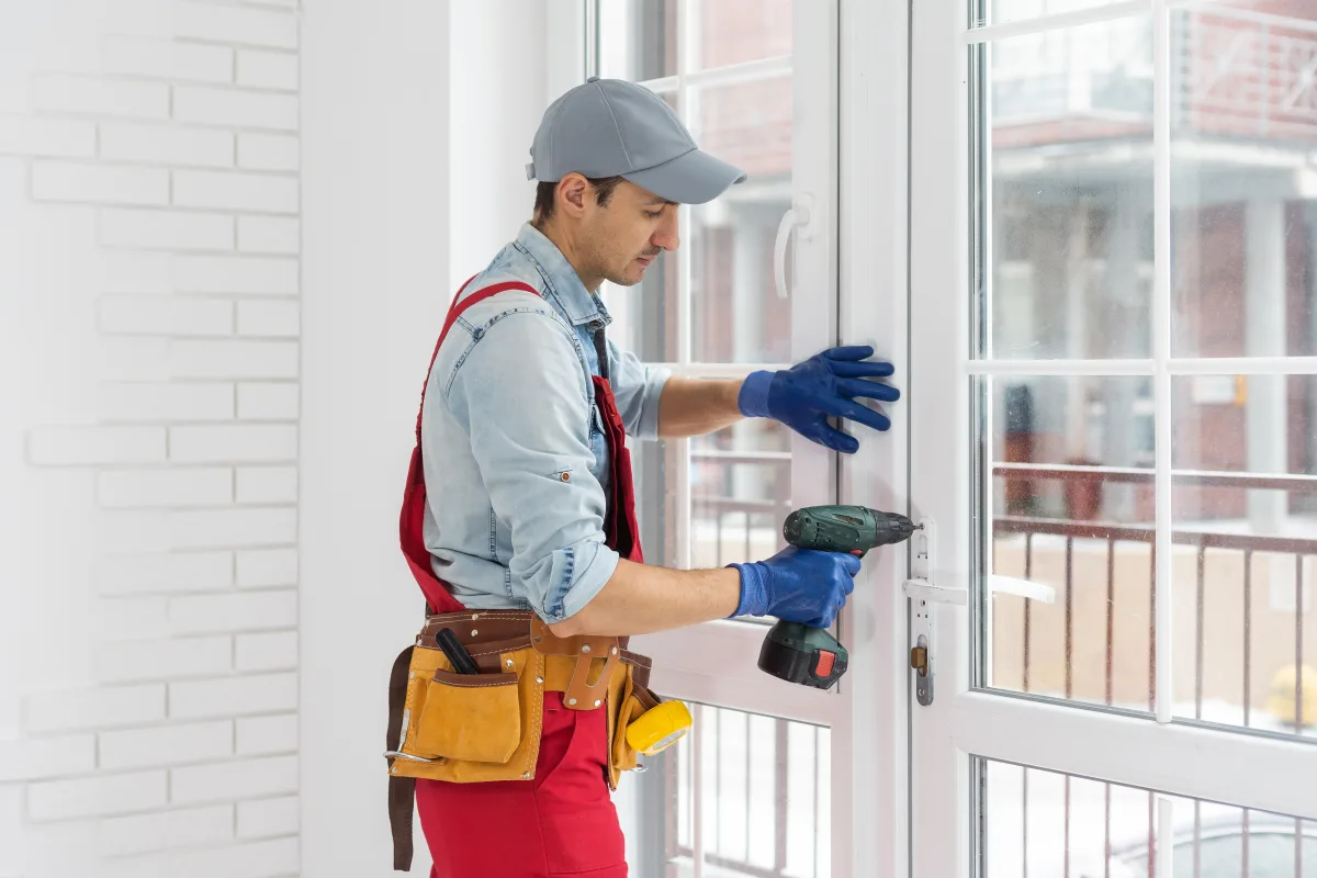 french-door-installation-phoenix-new-door-install French door installation in Phoenix, Arizona — a technician installing a new hinged French door panel on a residential home.