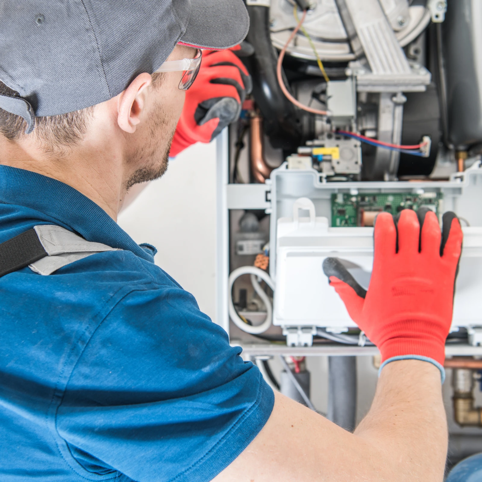 furnace-repair-phoenix-hvac-technician Furnace repair in Phoenix, Arizona — a uniformed HVAC technician inspecting a residential furnace's ignition system.