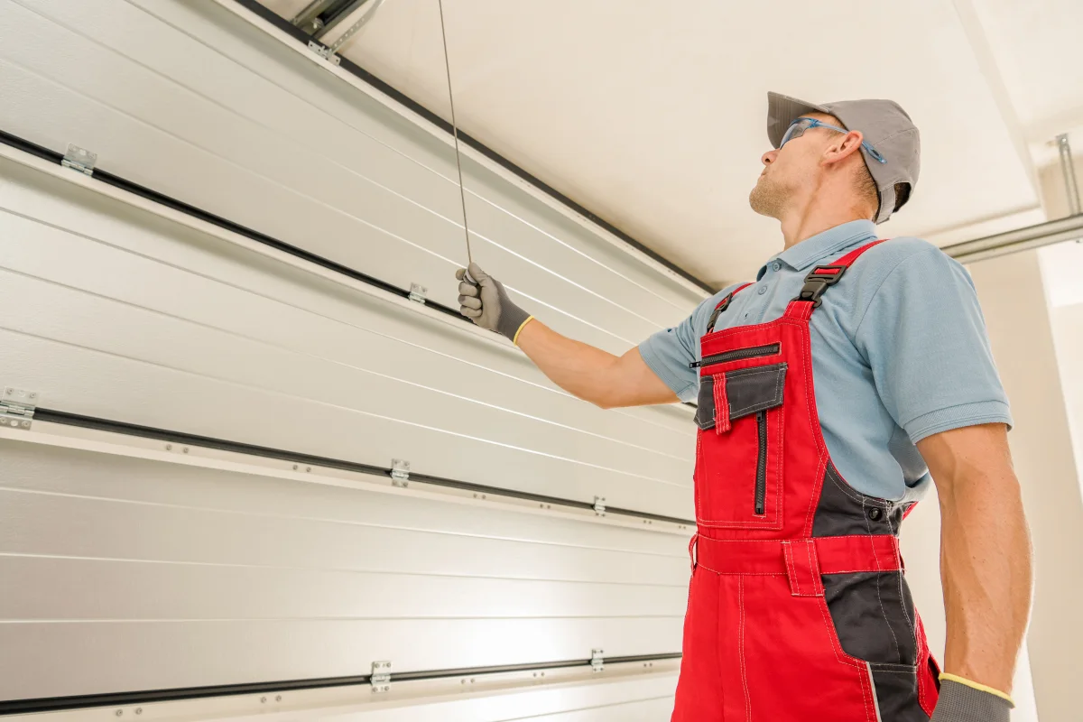 garage-door-replacement-phoenix-new-door-install Garage door replacement in Phoenix, Arizona — a technician installing a new insulated garage door panel on a residential home.