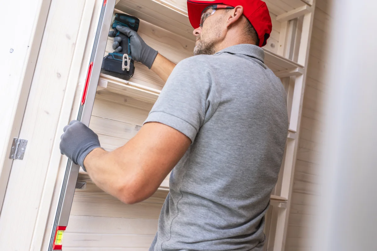 garage-shelving-phoenix-installer-mounting-shelf Garage shelving in Phoenix, Arizona — a contractor in a work uniform mounting heavy-duty steel shelving to a garage wall.