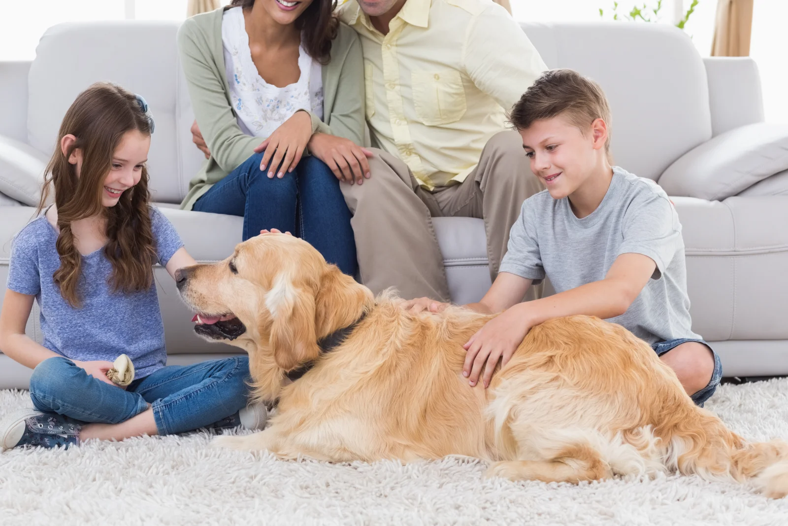 A Phoenix family with kids and a golden retriever relaxing on a freshly green-cleaned carpet, safe for pets and children.