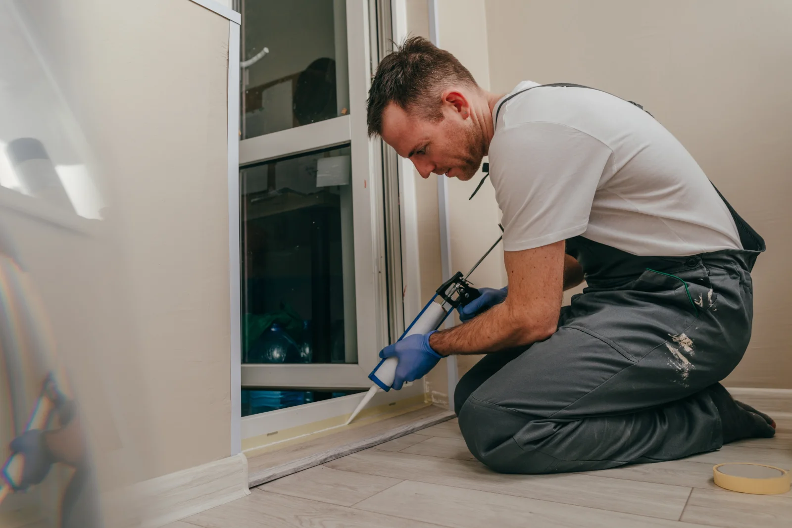 House sealing in Phoenix — a technician in coveralls caulking a sliding door track to close a pest entry gap.