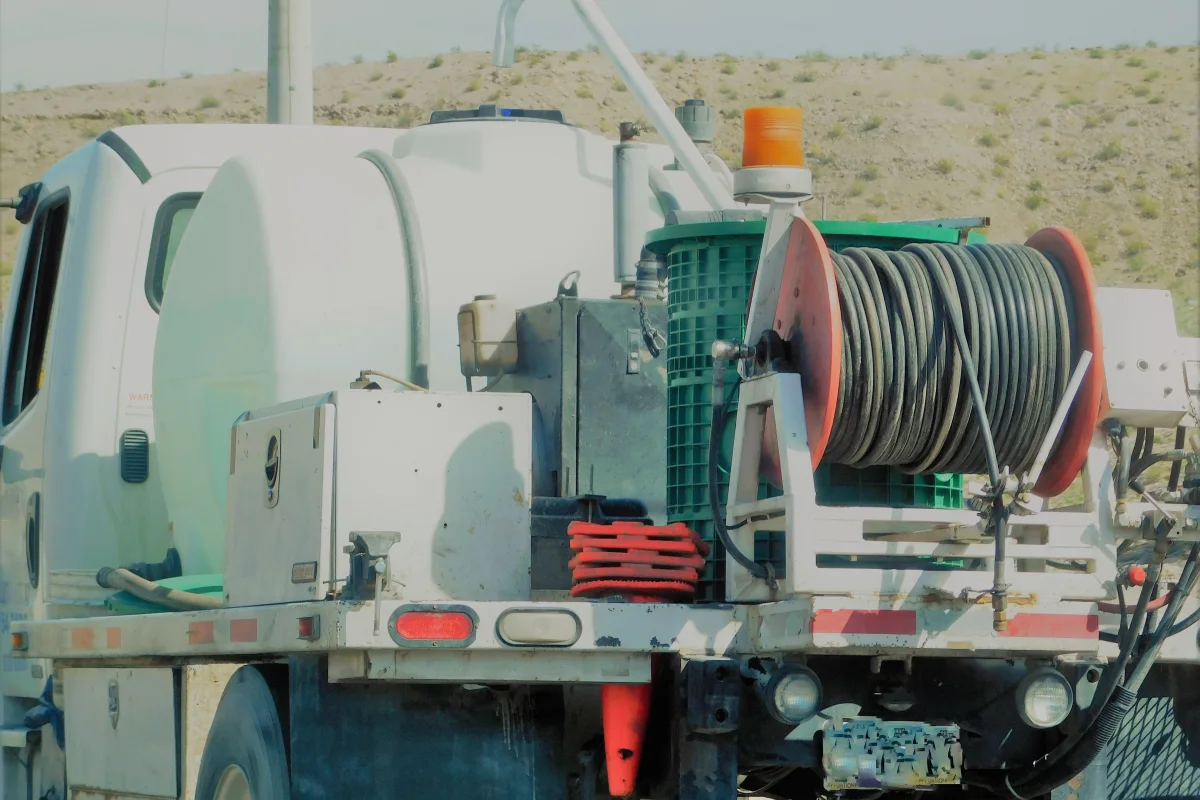 hydro-jetting-phoenix-sewer-line-cleaning Hydro jetting in Phoenix, Arizona — a hydro jetting service truck with its high-pressure hose reel and water tank staged against the Sonoran Desert to clear a clogged sewer line.
