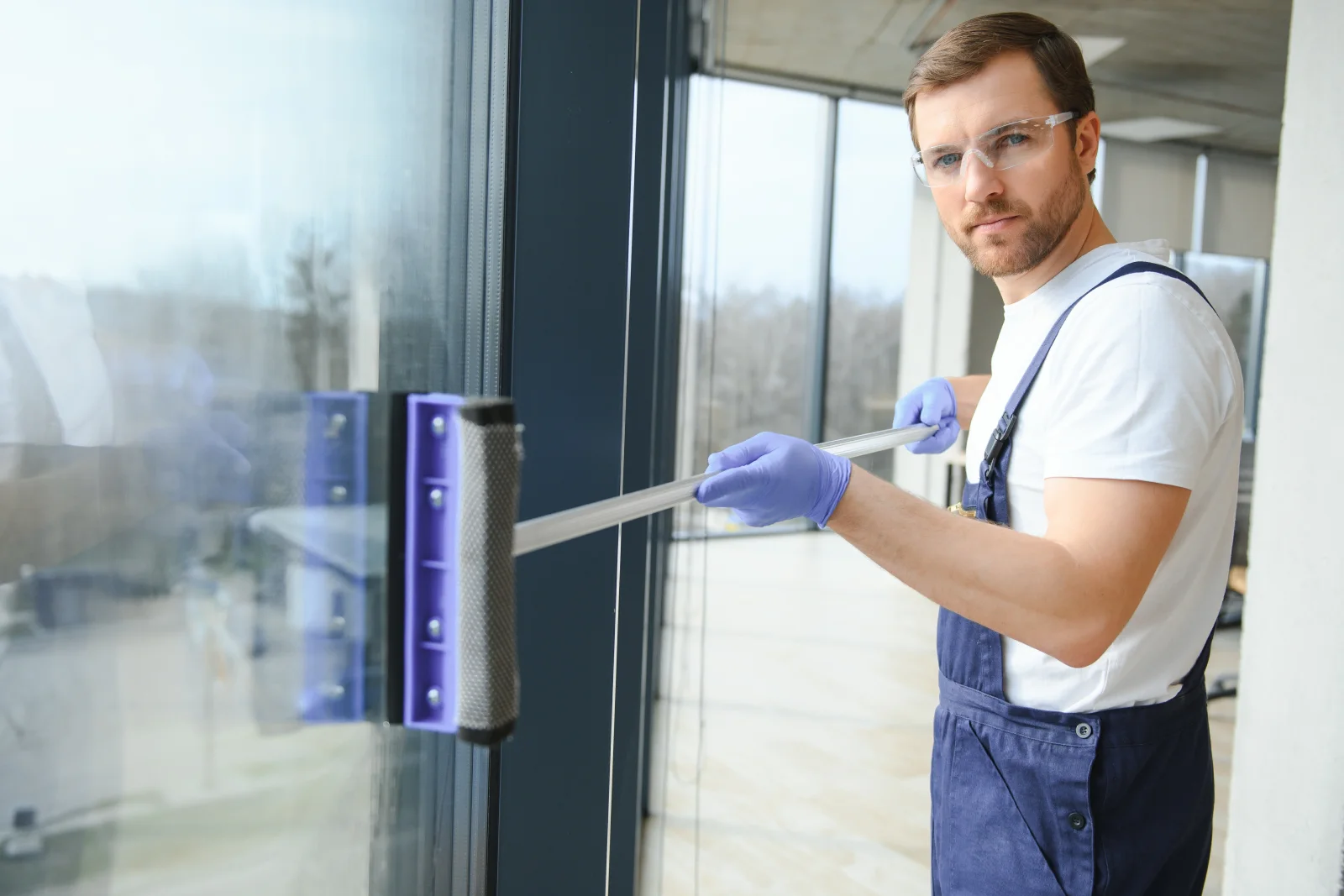 janitorial-services-phoenix-entryway-detailing A janitorial worker in overalls squeegee-cleaning a glass office entryway in Phoenix, Arizona, the kind of entryway detailing that keeps desert dust from building up.