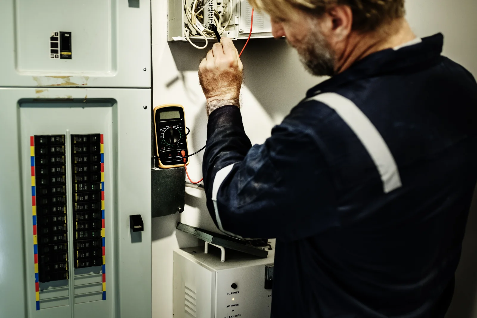 level-2-charger-installation-phoenix-installation An electrician testing a newly wired 240-volt circuit on the breaker panel during a Level 2 charger installation at a Phoenix home.