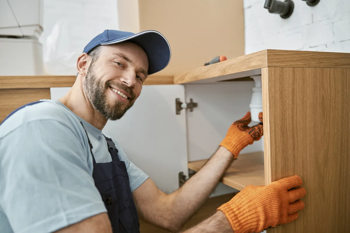 licensed-handyman-phoenix-cabinet-repair Licensed handyman in Phoenix, Arizona — a professional in a cap and overalls installing a kitchen cabinet in a home.