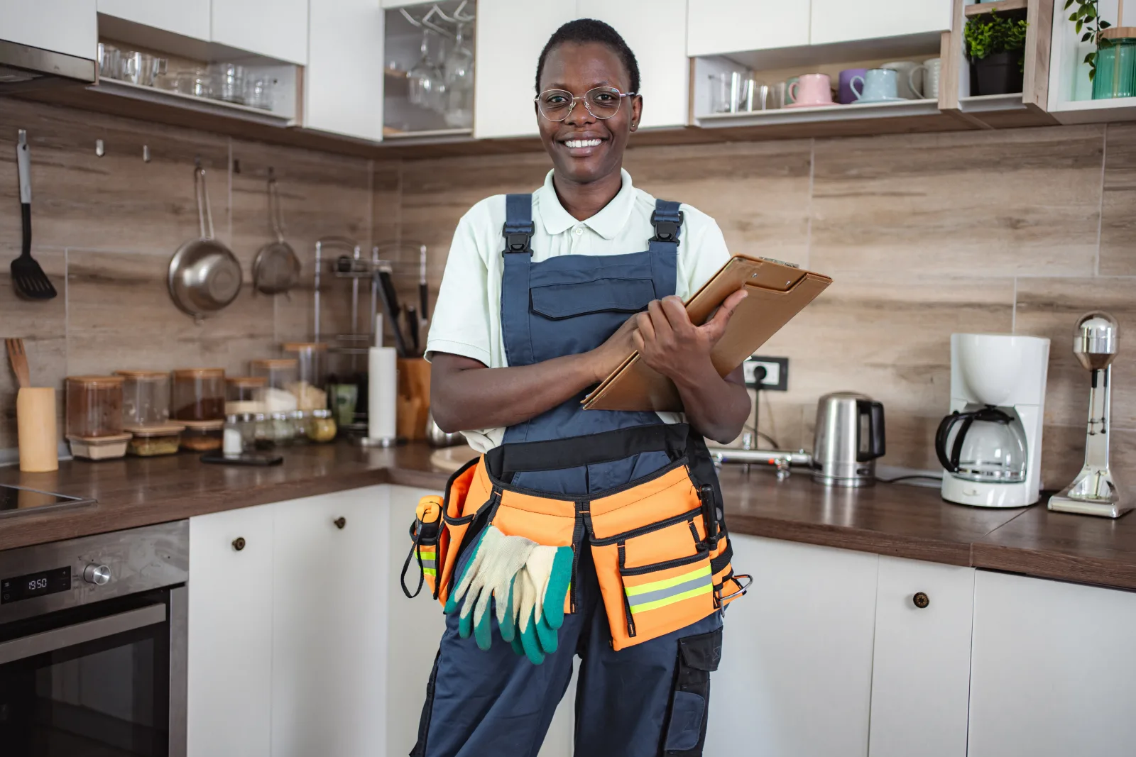 licensed-handyman-phoenix-permit-paperwork-review A handyman in coveralls holding a clipboard while reviewing the job scope in a Phoenix kitchen before starting work.