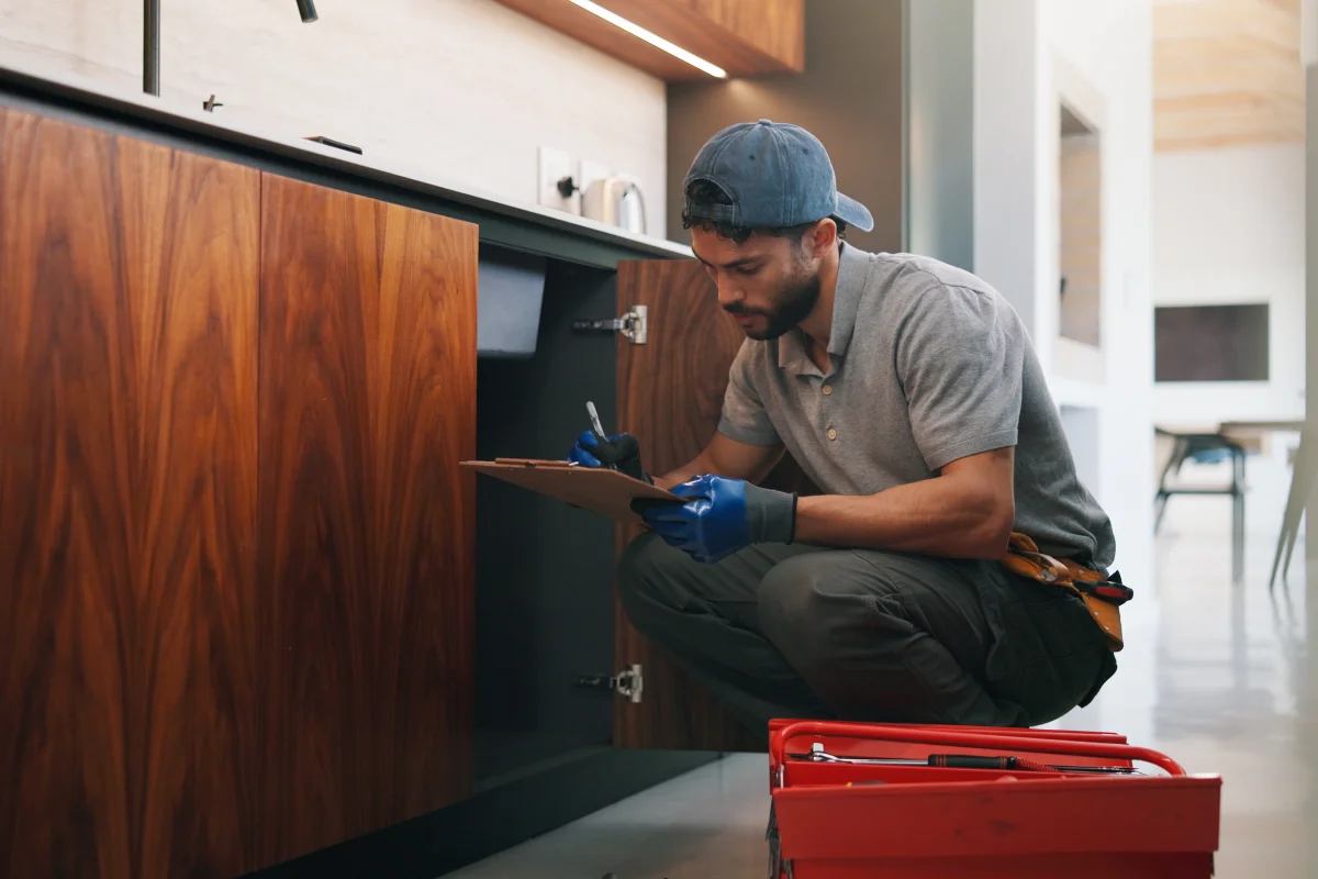 phoenix-cabinet-repair-hero Cabinet repair in Phoenix - a technician in a collared shirt and tool belt inspecting a kitchen cabinet hinge and door.