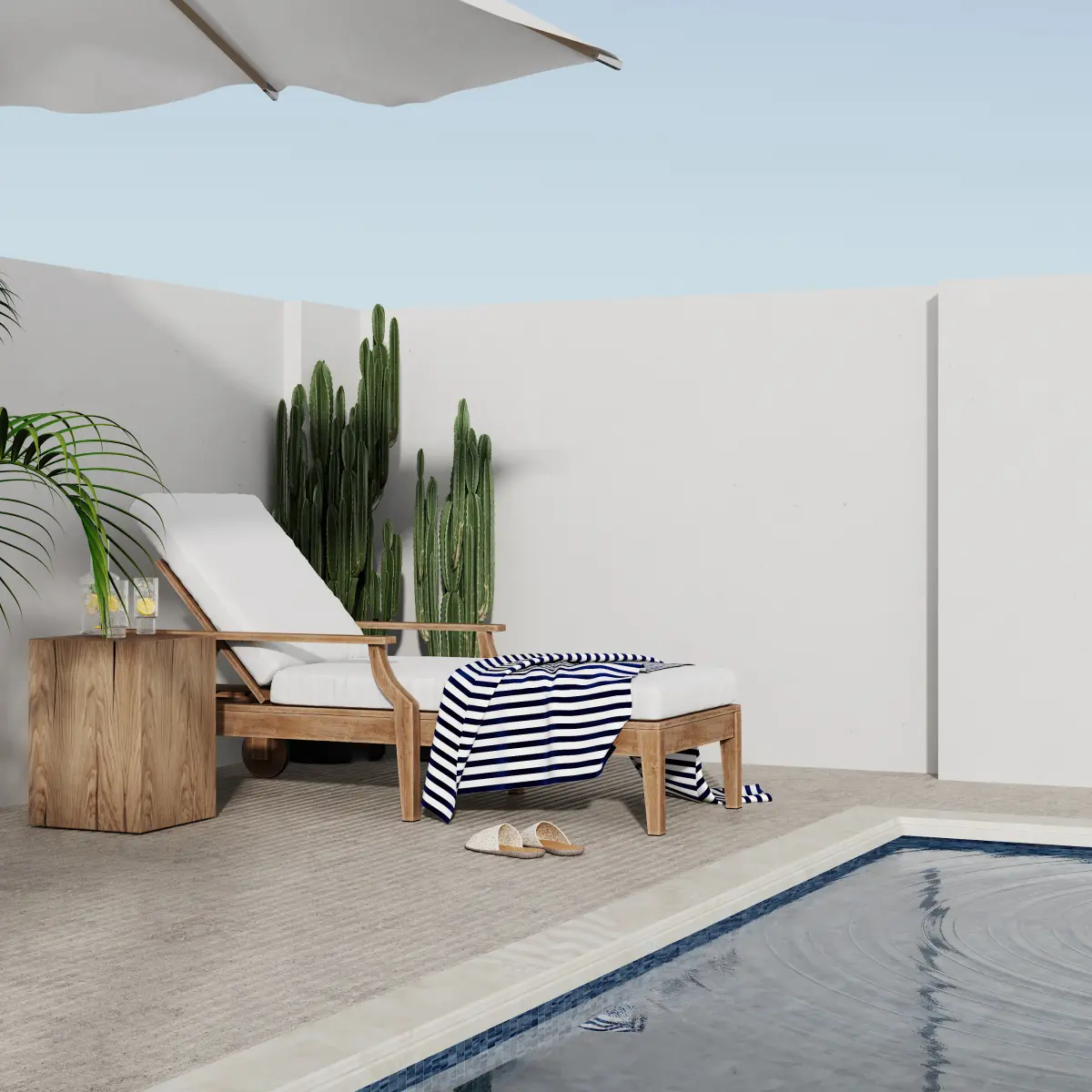pool-deck-resurfacing-phoenix-cool-deck-coating Pool deck resurfacing in Phoenix, Arizona — a fresh light-colored cool-deck acrylic finish sprayed around a backyard pool in the desert sun.