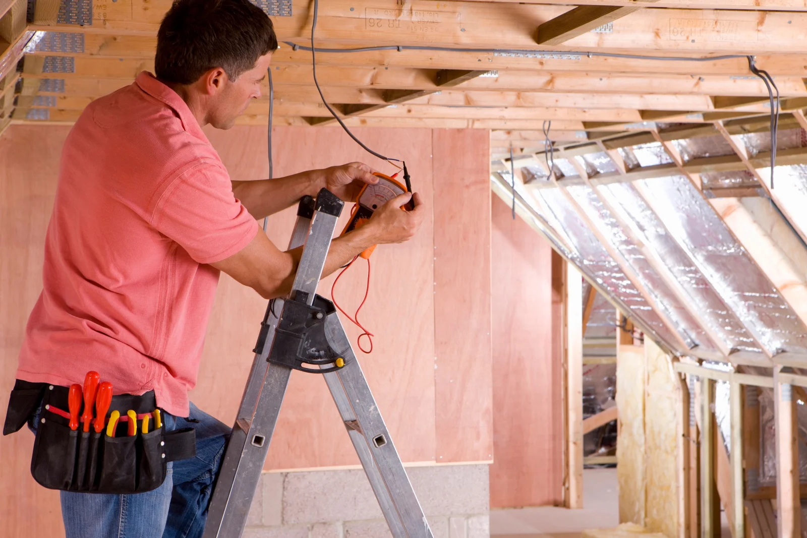 Recessed lighting installation in Phoenix, Arizona — an electrician on a ladder wiring recessed light circuits through an insulated attic.