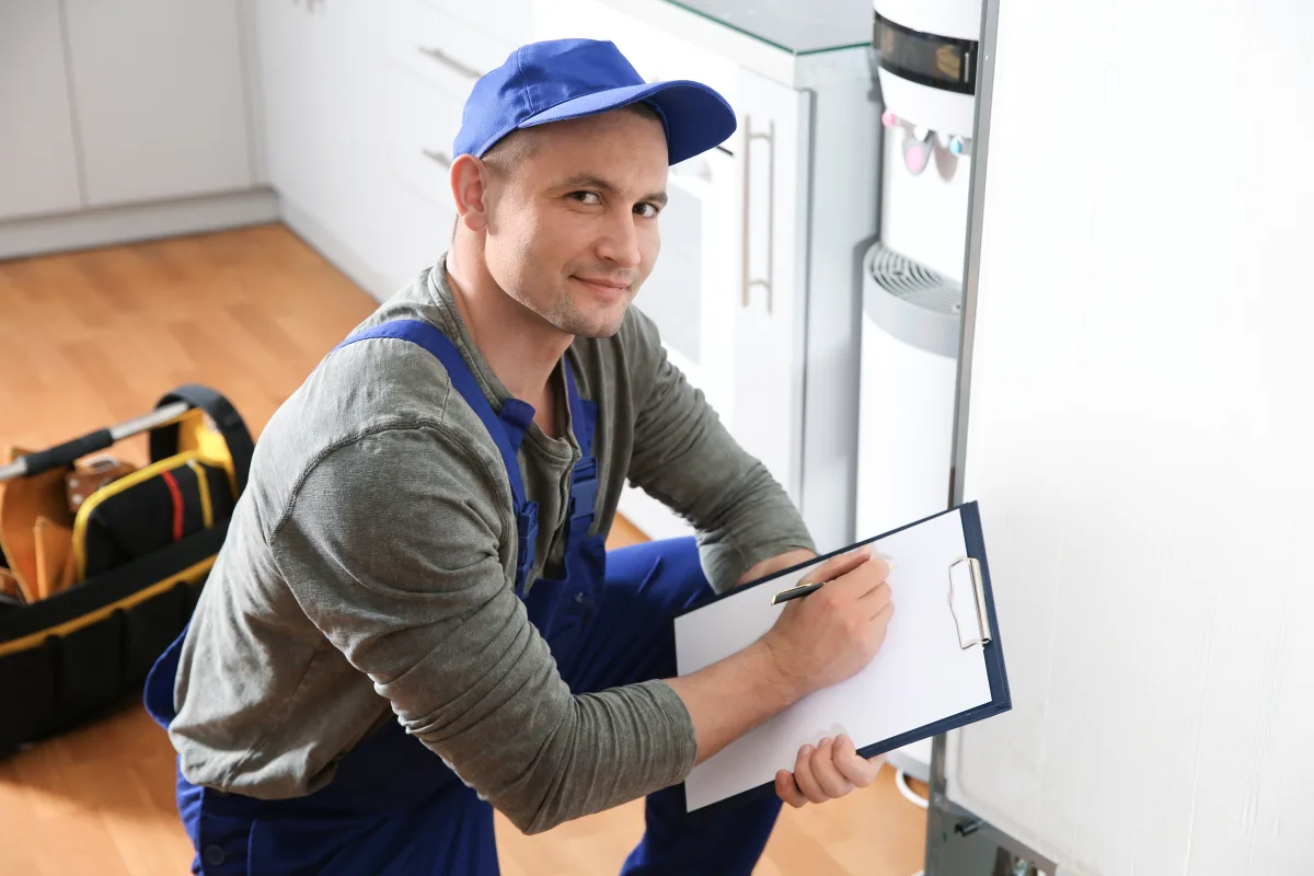 refrigerator-water-filter-replacement-phoenix-technician-noting-model Refrigerator water filter replacement in Phoenix, Arizona, a technician in blue overalls and cap noting the refrigerator model on a clipboard before swapping the filter.