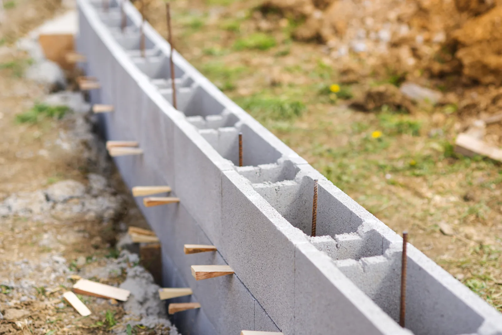 Retaining wall installation in Phoenix, Arizona — rebar-reinforced concrete block courses being built for an engineered retaining wall.