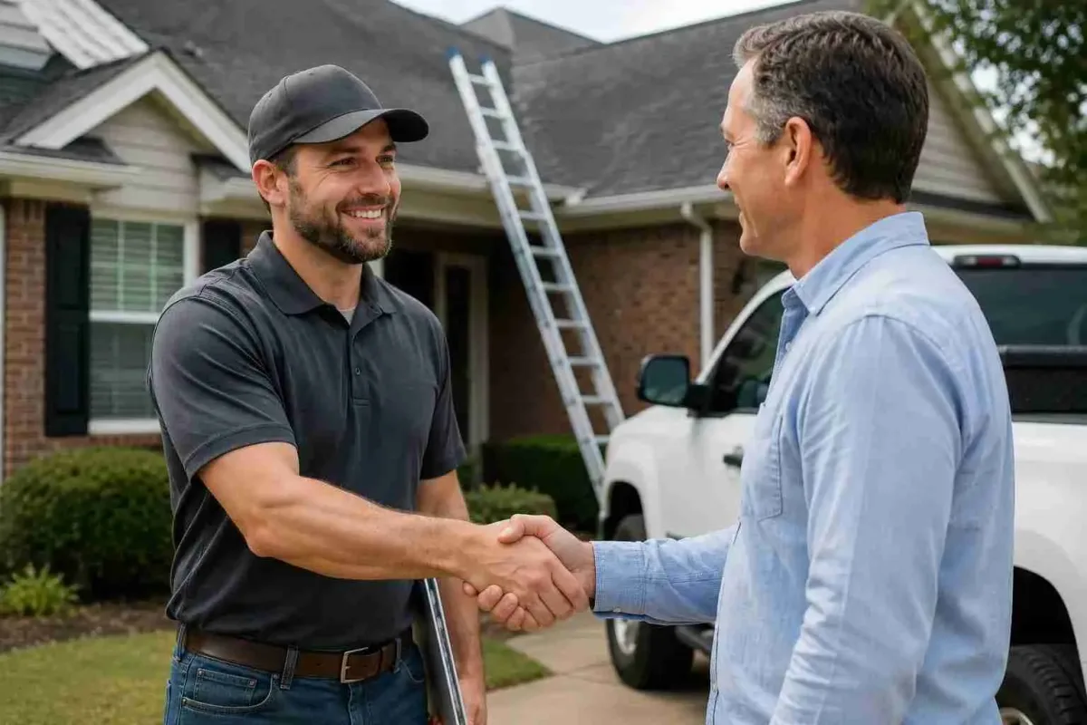 roof-hail-damage-repair-phoenix-roofer Roofer inspecting storm-damaged shingles on a Phoenix, Arizona roof.