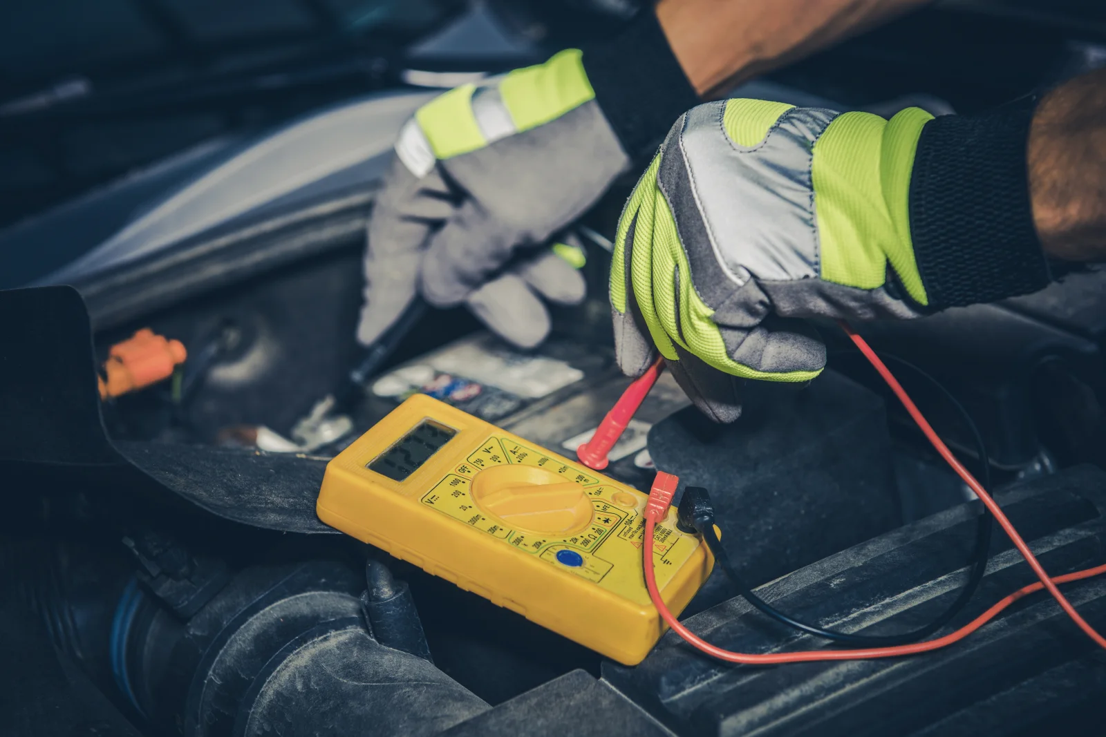 rv-generator-repair-phoenix-battery-test A gloved technician testing an RV generator's starting battery with a multimeter as part of a safety check before signing off on the repair.
