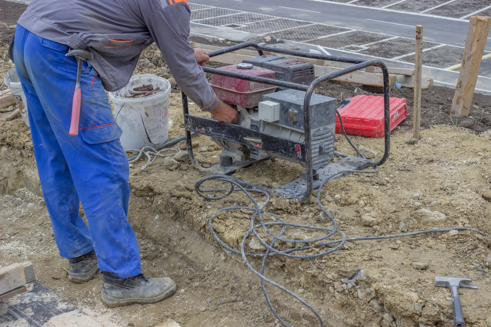 rv-generator-repair-phoenix-fuel-system-check A technician in coveralls checking the engine and fuel cap on a portable gas generator, the kind of hands-on inspection that catches a fouled carburetor or stale fuel before a trip.