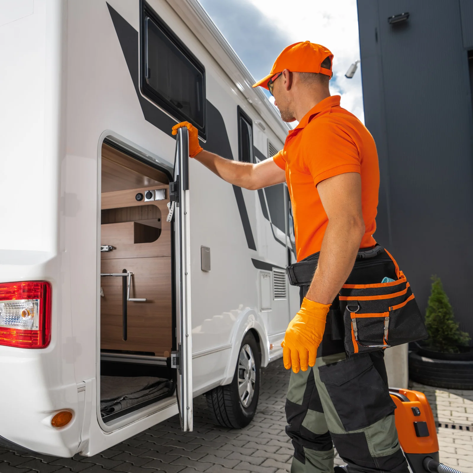rv-generator-repair-phoenix-technician RV generator repair in Phoenix, Arizona — a uniformed technician with a tool belt and portable generator approaching a parked RV for service.