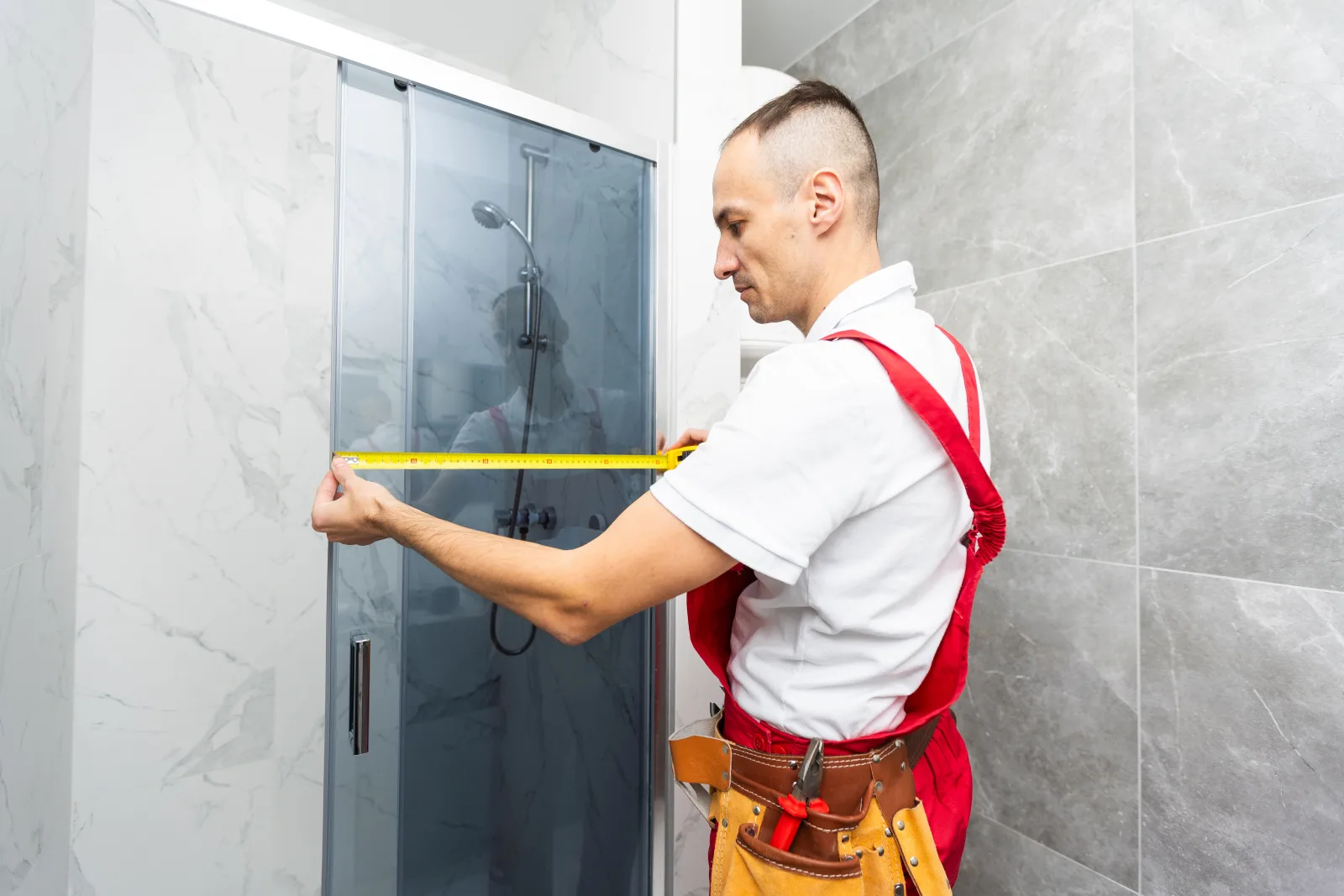shower-door-installer-phoenix-custom-measurement A shower door installer in Phoenix, Arizona carefully measuring a shower opening with a tape measure before cutting custom glass panels.