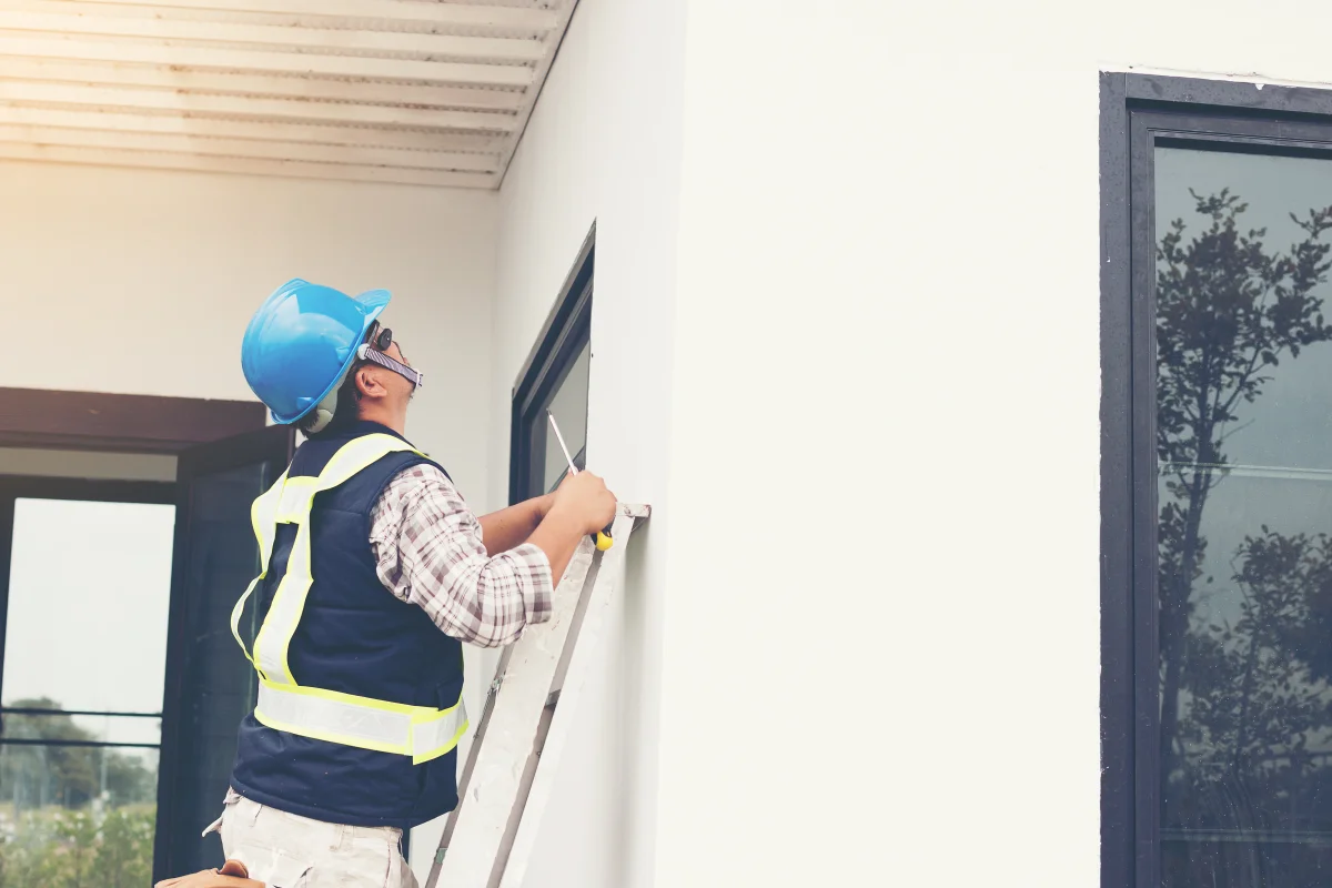stucco-painting-phoenix-professional-exterior-wall-application Stucco painting in Phoenix, Arizona — a professional in a hard hat and safety vest painting an exterior stucco wall from a ladder.