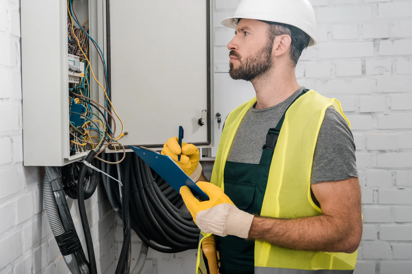 surge-protector-installation-phoenix-panel-inspection Surge protector installation in Phoenix, Arizona — an electrician in a hard hat and safety vest holding a clipboard while inspecting wiring at an open electrical panel.