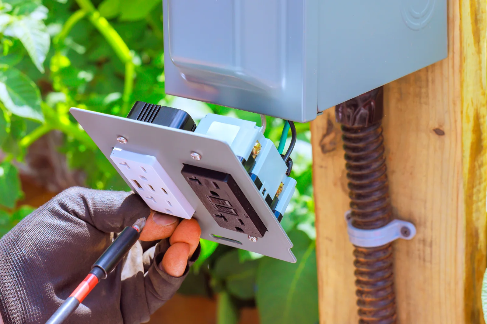 surge-protector-installation-phoenix-point-of-use-outlet Surge protector installation in Phoenix, Arizona — a close-up of an electrician installing a point-of-use electrical outlet with surge protection.