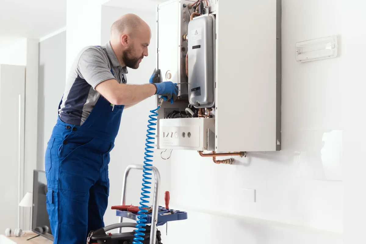 tankless-water-heater-phoenix-installation Tankless water heater installation in Phoenix, Arizona — a technician installing a wall-mounted tankless unit in a home.