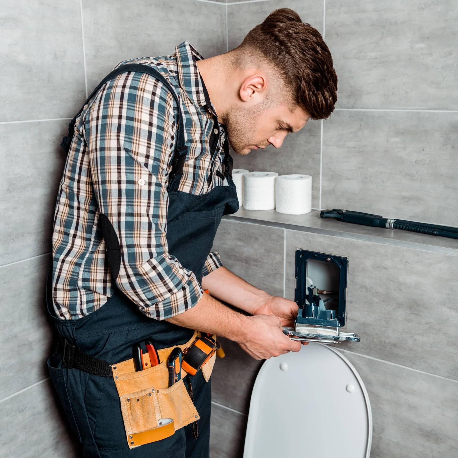 toilet-repair-phoenix-plumber Toilet repair in Phoenix, Arizona — a licensed plumber repairing a toilet in a home bathroom.