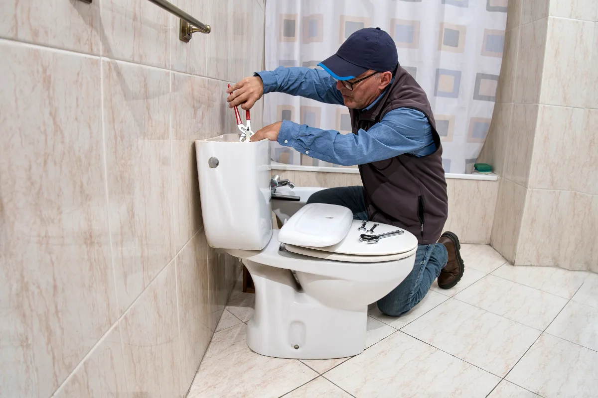 toilet-replacement-phoenix-plumber-installing-new-toilet Toilet replacement in Phoenix, Arizona — a plumber in a collared work shirt installing a new toilet tank next to a grab bar in a tiled bathroom.