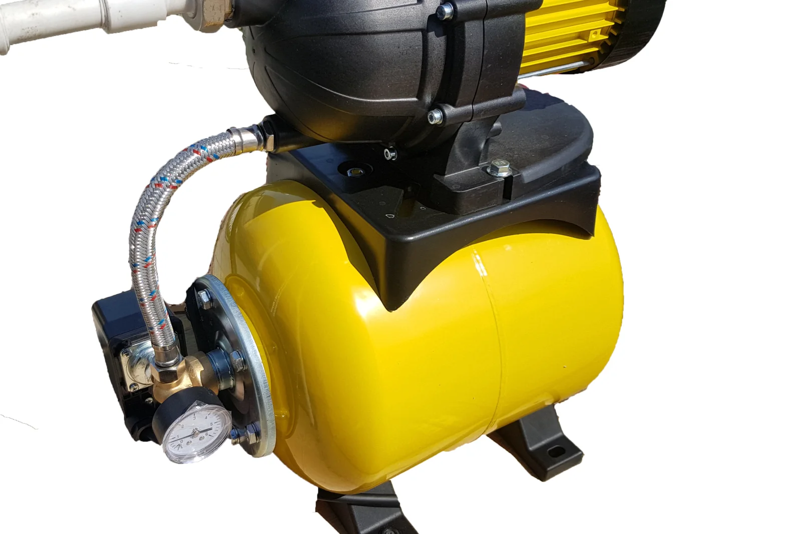 well-pump-repair-phoenix-diagnosis A residential jet pump and pressure tank assembly with its pressure gauge and switch visible, the type of equipment a well pump pro tests when diagnosing low water pressure.