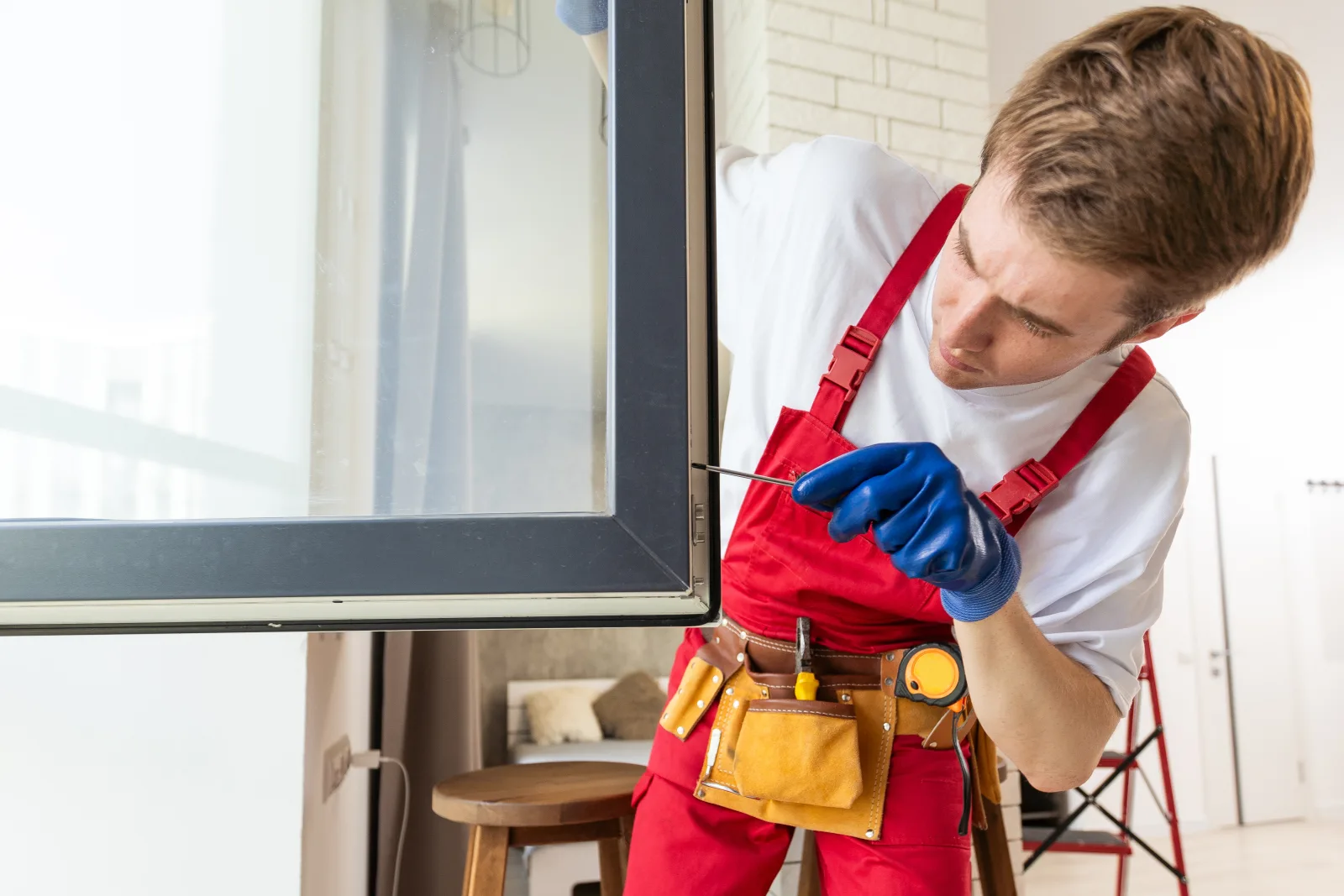 window-repair-phoenix-diagnosis A professional handyman in a collared work shirt inspecting a window frame and glass seal to diagnose the cause of the damage before repair.