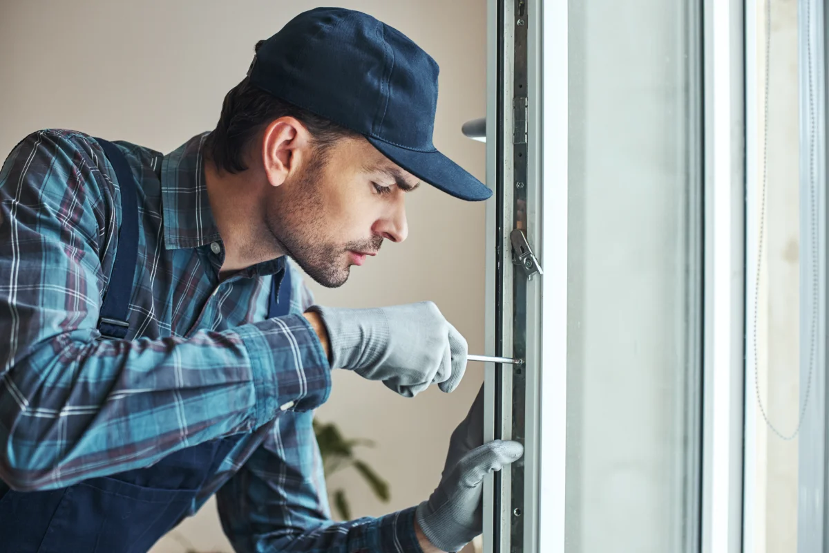 window-repair-phoenix-glass-replacement Window repair in Phoenix, Arizona — a handyman in a collared work shirt replacing a cracked window pane on a desert home.